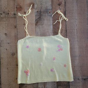 Espirit Vintage Yellow Floral Shoulder Tie Knit Top